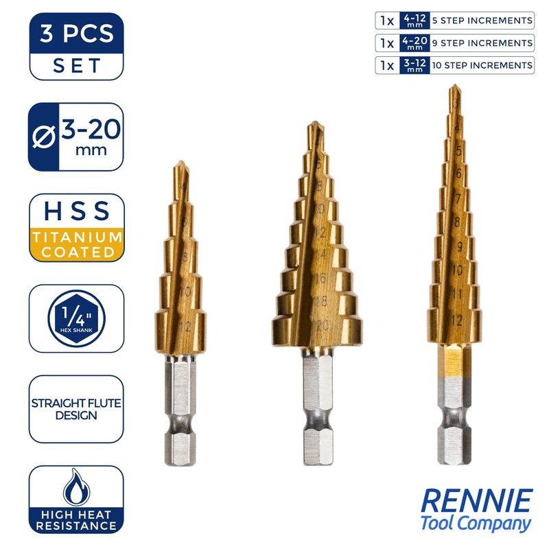 RENNIE TOOLS - 3 Piece Large HSS Step Cone Drill