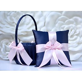 Flower Girl Basket and Ring Bearer Pillow Set in Navy Blue and Pink Color