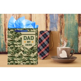 WaaHome Happy Fathers Day Gift Bags with Tissue Paper 11.5''x9''x5'' Medium Fathers Day Gift Bag for Dad Daddy from Daughter Son Kids, Dad My Hero Wrapping Paper Bag