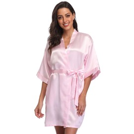 season dressing Women Satin Kimono Short Floral Satin Robe Bridesmaid Bridal Bathrobe Silky Sleepwear for Wedding Party, Pink Small