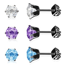 Artskin 3 Pairs Titanium Medical Steel and AAAA+ Cubic Zirconia Stud Earrings for Women Hypoallergenic Gift for Girls (6mm, Black)