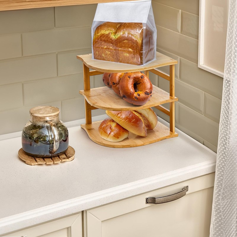 Goaste 3-Tier Bamboo Corner Shelf, Kitchen Countertop Storage Organizer, Cabinet