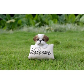 HiLine Gift Ltd. Shi Tzu Puppy with Welcome Sign- Brown& White Statue