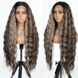 Joedir Lace Front Perücken für schwarze Frauen 13x4 Lace Frontal Perücken Vorgezupft mit Babyhaar Lang gewellt frei Teil Perücke Hohe Temperatur Synthetische Perücken für Frauen 76 CM Highlights Farbe