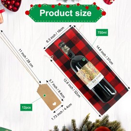 Shintop Christmas Wine Bags, 12 Pcs Buffalo Plaid Bottle Gift Bags with Drawstring & Tags Reusable Wine Bottle Cover for Christmas Wedding Birthday Holiday Party (14.6x6.3inch)