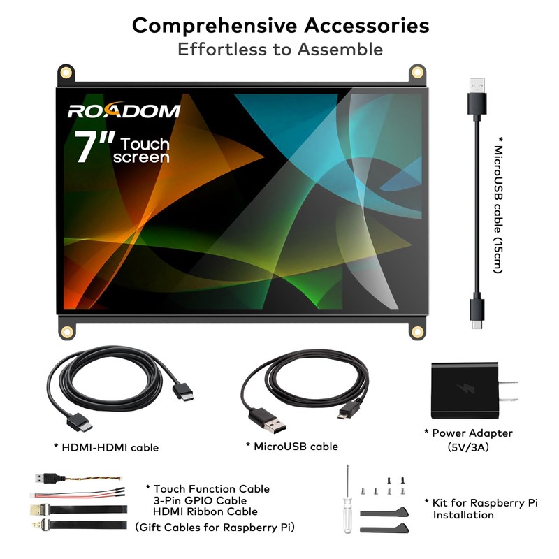 ROADOM 7’’ Raspberry Pi Screen, IPS1024×600,Responsive Smooth Touch,Dual Built-in Speakers,HDMI