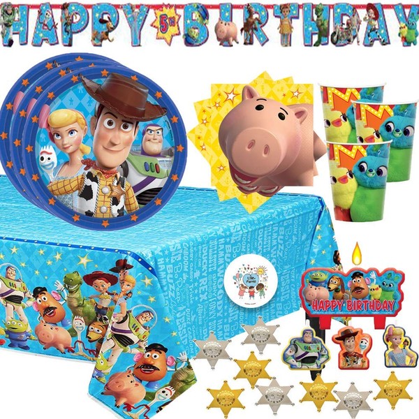 Toy Story 4 Birthday Party Supplies Pack For 16 With Toy Story Plates, Napkins, Cups, Birthday Candles, Tablecover, Add An Age Birthday Banner, 12 Sheriff Badges, and Exclusive Pin