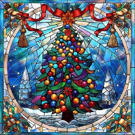 Christmas Diamond Art Kits for Adults, Stained Glass Tree Diamond Painting Kits for Beginners, DIY 5D Full Drill Round Crystal Rhinestone Gem Art Craft for Gift Home Wall Decor 14x14 Inch