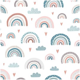 VmG-Store Cotton Fabric, Sold by the Metre, Sewing Fabric, Children, Children's Fabric, 155 cm Wide (Rainbow Pastel White, BC018, 100 x 150 cm)