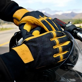 Stretch Denim & Goat Leather, Biker Gloves, Available in 3 Colors (Black/Tan/Brown), with Protector, Touchscreen Compatible, Motorcycle/Cycling (TAN, M)