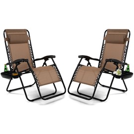 Tangkula Zero Gravity Chair, Folding Patio Lounge Chair Adjustable Outdoor Recliner with Cup Holder, Wide Armrest for Patio Garden Poolside Outdoor Yard Beach, Support 350 lbs (2, Light Brown)
