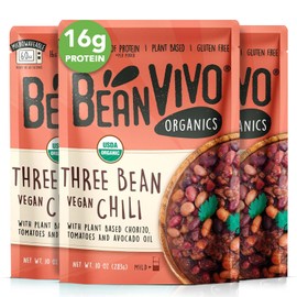 BeanVIVO (Pack of 3) Organics 16g Plant based Protein Three Bean Vegan Chili - Good Source of Fiber - Nutritious & Microwave Meals - Gluten-Free Plant Food - 10 oz
