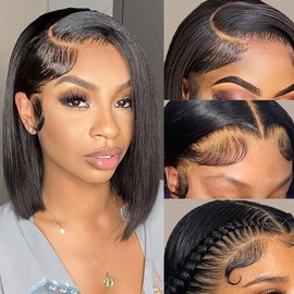 TIRALI Short Bob Wig Human Hair 13x4 HD Lace Frontal Wigs Human Hair Pre Plucked with Baby Hairs 180 Density Straight Bob Lace Front Wigs Human Hair for Women 16 Inch