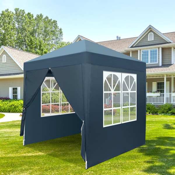 Bonnlo Pop Up Gazebo with Sides 2m x 2m Easy One Person Setup Instant Outdoor Gazebo Folding Garden Gazebo Party Tent (Blue)