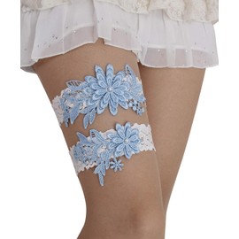 Ligas de boda para novia, juego de ligas de encaje azul y blanco con perla., Azul (Sky Blue), Talla única