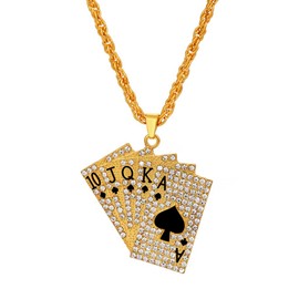Kawailay Flush Poker Necklace Rhinestone Poker Card Pendant Chain Rock Punk Hip Hop Gold Chain Rapper Biker Cool Necklace for Men Women - Gold, Rhinestone Gold