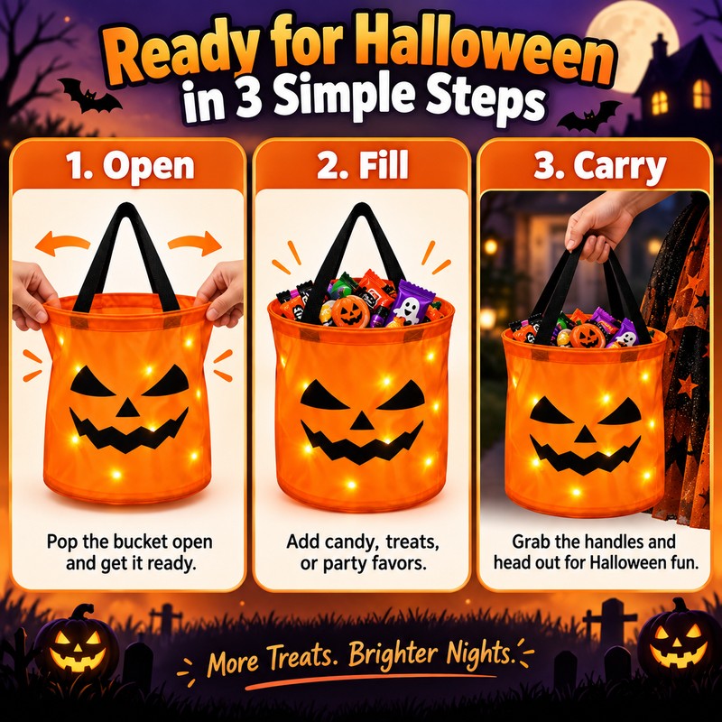LED Halloween Trick-or-Treat Bucket for Candy – Collapsible Polyester Light-Up