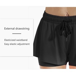ThreeH Women's Flowy Yoga Shorts 2-in-1 Spandex Quick Dry Sports Fitness Running Shorts Summer,Black