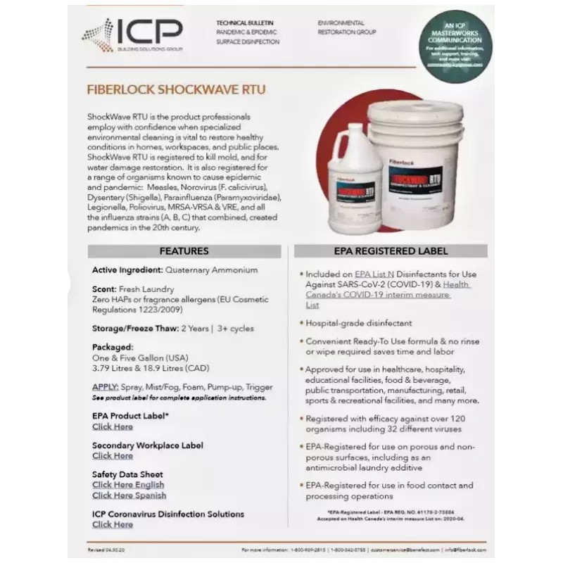 Fiberlock Shockwave RTU Multipurpose Disinfectant, Sanitizer & Cleaner 5 Gallon
