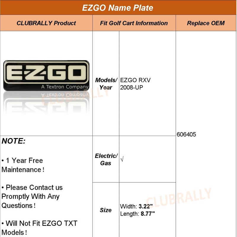 CLUBRALLY EZGO Front Name Plate, EZGO Emblem for 2008-Up RXV,