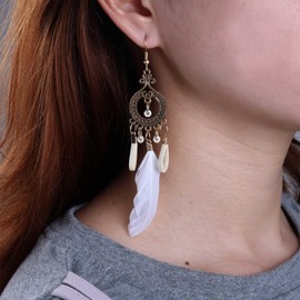 Inateannal Boho Long FeatherFiligree Drop Earrings White Feather Tassel Earrings Vintage Ethnic Filigree Studs Jewelry for Women