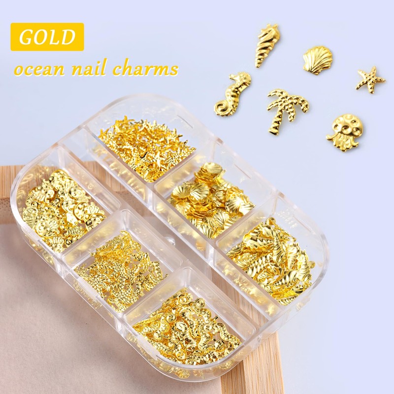 Furtherpretty 3D Beach Nail Charms Set, Alloy Gold Silver Seashell