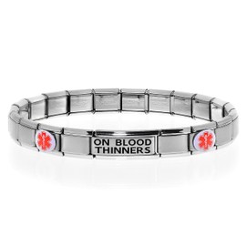 Dolceoro ON BLOOD THINNERS Medical Alert ID Bracelet for Women and Men - Stretchable Modular Charm Link - Stainless Steel