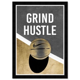 Wynwood Studio Typography and Quotes Modern Black Frame Paper - Grind Hustle Golden Basketball, Wall Art for Living Room, Bedroom, and Bathroom, 13 in x 19 in, Gold and White Home Decor