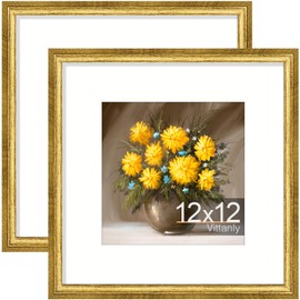 Vittanly 12x12 Picture Frames Set of 2, Display 8x8 Pictures with Mat or 12x12 without Mat, Rustic Collage Photo Frames for Wall or Tabletop, Gold