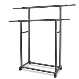 Fishat Black Simple Standard 2 Double Rod Clothing Metal Garment Rack for Hanging Clothes, Rolling Clothes Organizer with Mobile Lockable Wheels