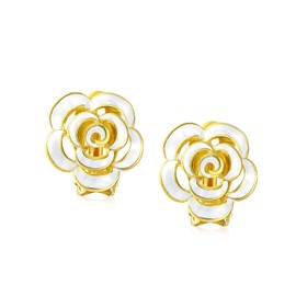 Fashion Enamel 3D Blue White Rose Flower Clip On Earrings Button Style Non-Pierced Ears 14K Gold Plated