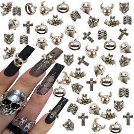70Pcs Terrifying Cross Nail Charms, Silver 3D Cerberus Vampire Bats Ghosts Pumpkins Skeleton Nails Charms, Hellish Nail Art Skull Accessories for Jewelry Making DIY