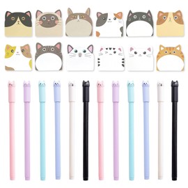 12 Cat Neutral Pens and 1 Set of Cat Sticky Notes, Cool Things for Girls, Gift Stationery for Girls, Cartoon Cat Writing Pens, Gifts for Girls.