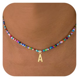 HONGXUNJIE HXJ Colorful Beaded Initial Necklaces for Girls Gifts, Choker Necklace for Women, Gold Plated Name Letter Necklaces for Girls, Women, Teen and Preteen Gifts