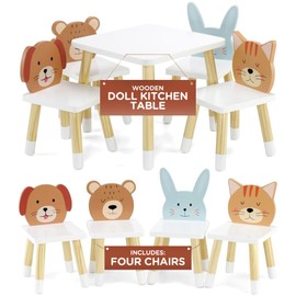 Emily Rose 14-18 Inch Doll New Wooden Kitchen Table and 4 Chair Dining Room Toy Gift Set - Animals Theme | 14-18" Furniture Accessory