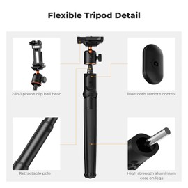 K&F Concept 23.6" Extendable Phone Tripod, Mini Flexible Tripod for Camera with Bluetooth Remote, 3 in 1 Selfie Stick Tripod with Gopro Mount