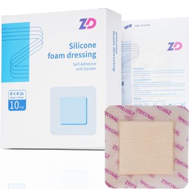 ZD Silicone Foam Dressing with Border Adhesive 4"x4" Waterproof Wound Dressing Bandage for Wound Care 10 Pack Painless Removal High Absorbency Bed Sore Wound Bandage