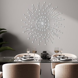 Blulu Silver Crystal Sunburst Wall Decor Large Rhinestones Wall Decor Metal Burst Bling Wall Art Home Decorative Sunburst Wall Hanging Diamond Accents for Living Room Bedroom, 23.6 x 23.6 Inch
