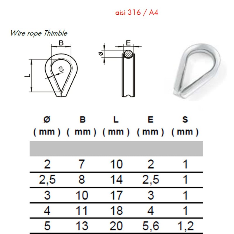 5mm Wire Rope Thimble Made From Marine Grade A4 Stainless