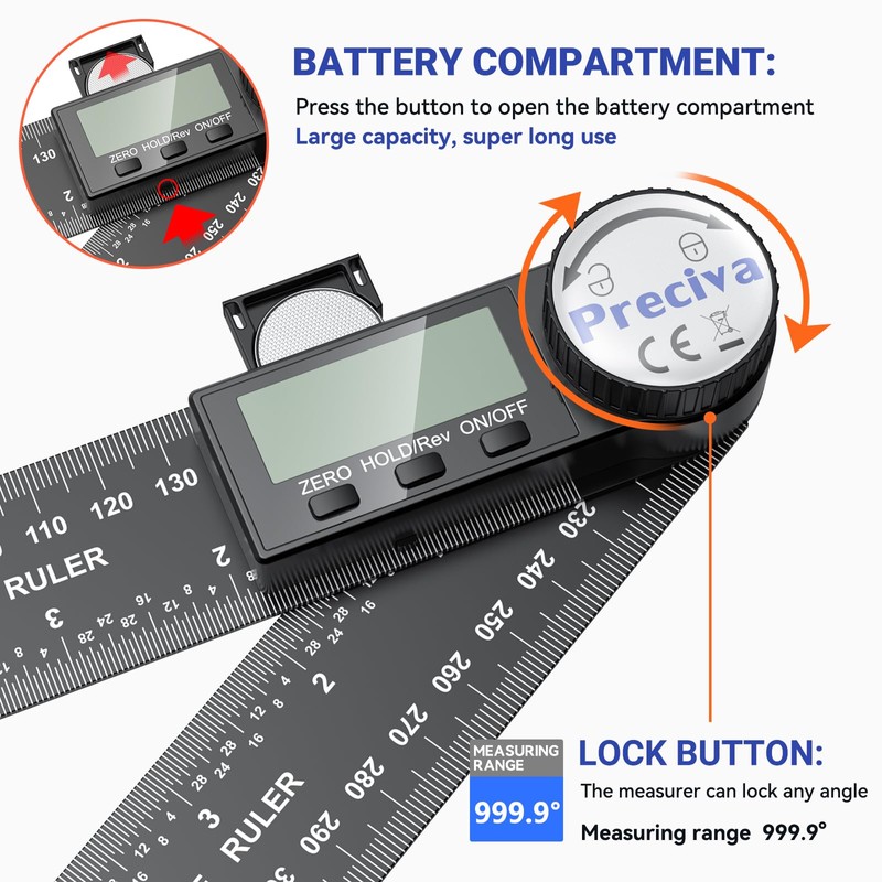 Preciva Digital Angle Finder Tool, 400mm Length Ruler Protractor, Internal