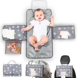 Changing Mat for On the Go, Nappy Bag with Compartments, Pillow and Removable Wet Wipes Organiser, Waterproof Foldable Changing Mat, Washable Nappy Organiser for On the Go, Travel (Star)