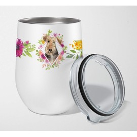 Caroline's Treasures CK4204TBL12 Airedale Terrier Pink Flowers Stainless Steel 12 oz Stemless Wine Glass Insulated Wine Tumbler with Lid, Cute Travel Cup for Coffee, Cocktails, Gift Women, Mother