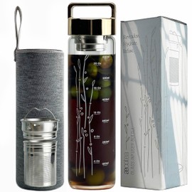 aecotea 23 oz Borosilicate Glass Water Bottle with Handle Lid - Motivational Sports Drinking Bottle with Neoprene Sleeve (Gold)