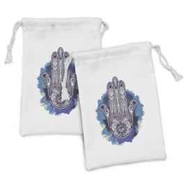 Ambesonne Ethnic Fabric Pouch Set of 2, Folkloric Motif Creative Art Cultures on a Watercolor Splash Print, Small Drawstring Bag for Toiletries Masks and Favors, 9" x 6", Dark Purple Blue