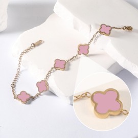 GRBeid 18K Gold Plated Clover Lucky Bracelet for Women Flower Four Leaf Link Bracelets Dupes Trendy Jewelry Birthday Gifts for Women/Mom/Wife/Daughter/Girlfriend/Besties/Sister/Grandma/Nana (Pink)