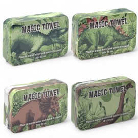 MIJOMA Set of 4 Magic Face Cloths Magic Towels Magic Towel Children's Gift Party Bag Tombola 100% Cotton Unfolds in Warm Water (Dinosaur)