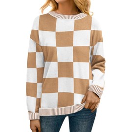 PrinStory Womens Jumpers Casual Sweaters Clashing Colour Crewneck Ladies Jumpers Long Sleeve Knitwear Winter Knitted Sweatshirt Soft Pullover (White Khaki Plaid, XL)