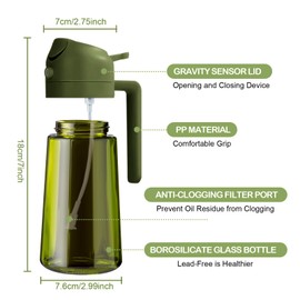 YARRAMATE 16oz/470ml Dark Green Oil Sprayer for Cooking with Stickers, Food-grade Premium 2 in 1 Olive Oil Dispenser Bottle for Kitchen Gadgets, Air Fryer, Salad, Frying, BBQ (OliveGreen)