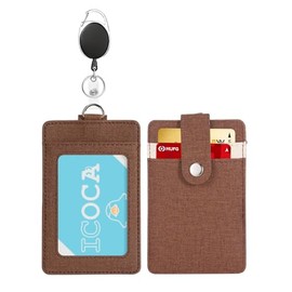 定期入れ リール付き パスケース メンズ レディース 脱落防止バンド付き 両面3枚 ic カードケース 社員証 PUレザー子供 男女兼用 縦 定期入れ リール 伸縮 (ブラウン)