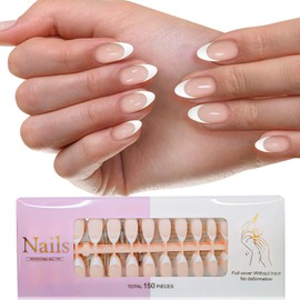 150pcs French Press On Nail - Mother's Day Gifts for Women Girls 2 in 1 Short Almond Soft White Tips Press On Nails, Natural Stick On Nails in 15 Sizes